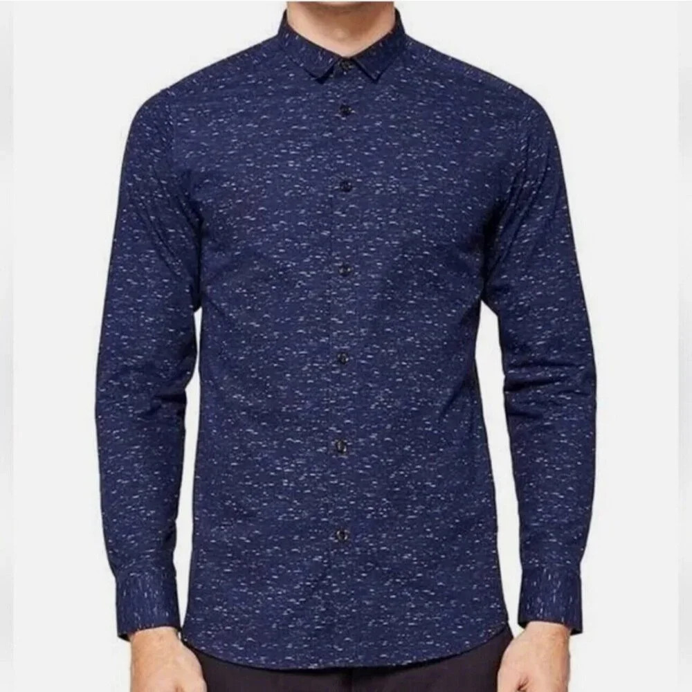 Ted Baker London Mens Pantheo Flecked Slim Fit Button-Down Shirt Navy